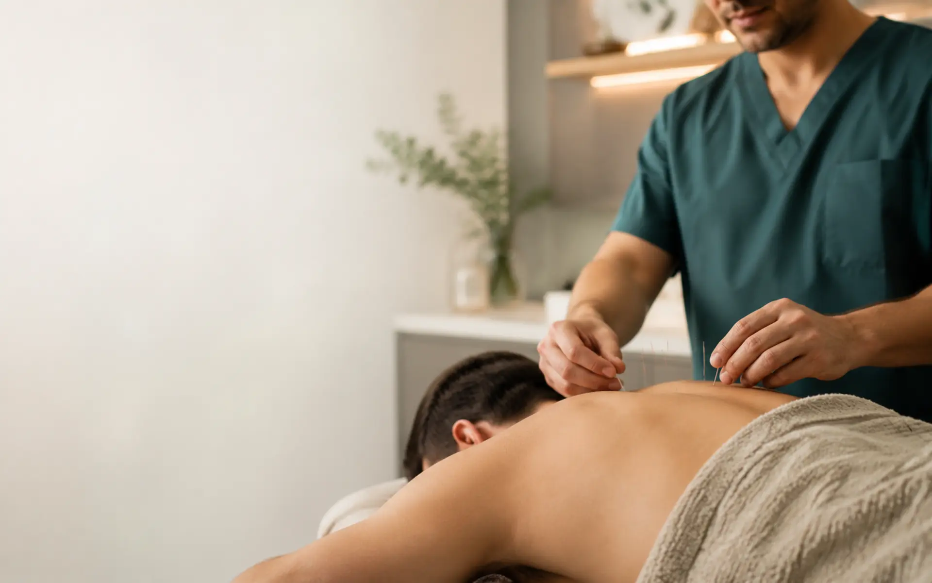 Fisioterapeuta realizando acupuntura em ambiente clínico
